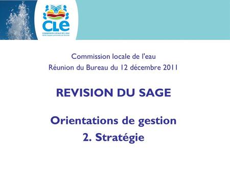 Commission locale de l'eau Réunion du Bureau du 12 décembre 2011 REVISION DU SAGE Orientations de gestion 2. Stratégie.