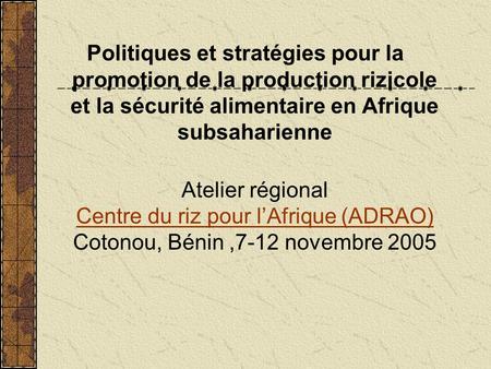 Politiques et stratégies pour la promotion de la production rizicole et la sécurité alimentaire en Afrique subsaharienne Atelier régional Centre du riz.