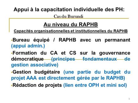 1 Appui à la capacitation individuelle des PH: Cas du Burundi Au niveau du RAPHB Capacités organisationnelles et institutionnelles du RAPHB Bureau équipé