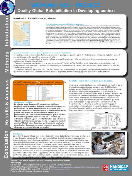 VIETNAM / SCI - PROJECT Quality Global Rehabilitation in Developing context z z Introduction Results & Analysis Analyse des resultats. La mise en place.