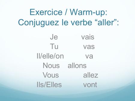 Exercice / Warm-up: Conjuguez le verbe “aller”: