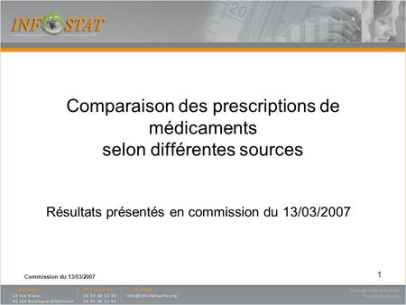 Commission du 13/03/2007 1 Résultats présentés en commission du 13/03/2007 Comparaison des prescriptions de médicaments selon différentes sources.