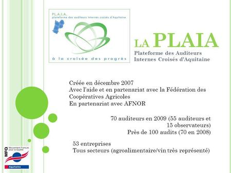 LA PLAIA Plateforme des Auditeurs Internes Croisés dAquitaine Créée en décembre 2007 Avec laide et en partenariat avec la Fédération des Coopératives Agricoles.