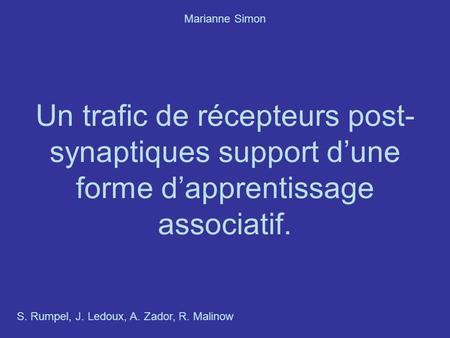 Marianne Simon Un trafic de récepteurs post-synaptiques support d’une forme d’apprentissage associatif. S. Rumpel, J. Ledoux, A. Zador, R. Malinow.