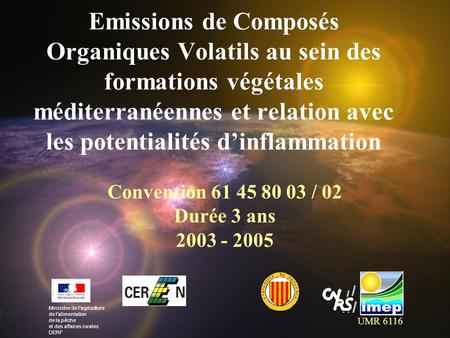 Convention 61 45 80 03 / 02 Durée 3 ans 2003 - 2005 Emissions de Composés Organiques Volatils au sein des formations végétales méditerranéennes et relation.