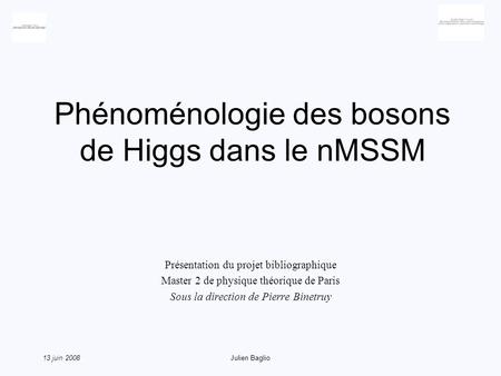 13 juin 2008Julien Baglio Phénoménologie des bosons de Higgs dans le nMSSM Présentation du projet bibliographique Master 2 de physique théorique de Paris.