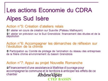 CTEF BASSIN GRENOBLOIS Les actions Economie du CDRA Alpes Sud Isère Action n°5: Création dateliers relais 1 atelier en cours de création sur Susville (Plateau.