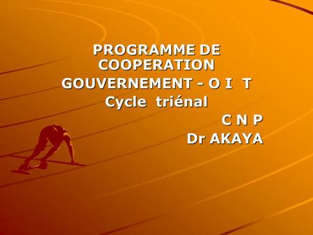 PROGRAMME DE COOPERATION GOUVERNEMENT - O I T Cycle triénal C N P Dr AKAYA.