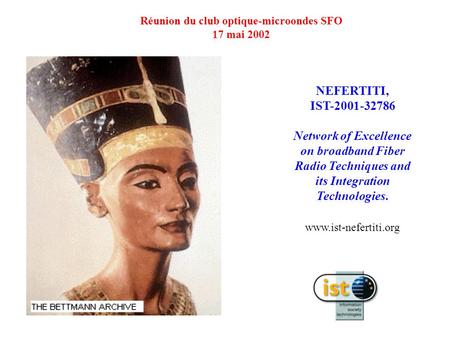 NEFERTITI, IST-2001-32786 Network of Excellence on broadband Fiber Radio Techniques and its Integration Technologies. www.ist-nefertiti.org Réunion du.
