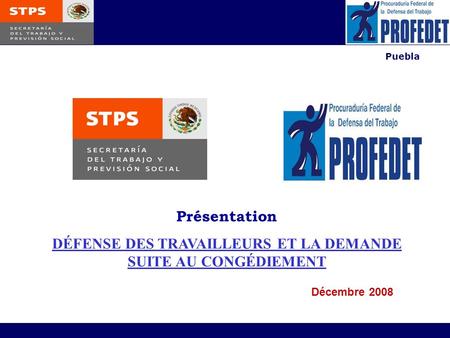 Puebla Présentation DÉFENSE DES TRAVAILLEURS ET LA DEMANDE SUITE AU CONGÉDIEMENT Décembre 2008.