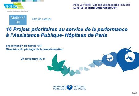 Page 1 16 Projets prioritaires au service de la performance à lAssistance Publique- Hôpitaux de Paris présentation de Sibyle Veil Directrice du pilotage.