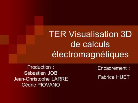 TER Visualisation 3D de calculs électromagnétiques Production : Sébastien JOB Jean-Christophe LARRE Cédric PIOVANO Encadrement : Fabrice HUET.