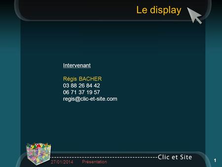 Intervenant Régis BACHER 03 88 26 84 42 06 71 37 19 57 Le display 27/01/2014 Présentation 1.