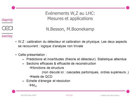 Evénements W,Z au LHC: Mesures et applications N.Besson, M.Boonekamp