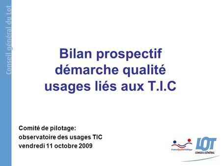 Bilan prospectif démarche qualité usages liés aux T.I.C Comité de pilotage: observatoire des usages TIC vendredi 11 octobre 2009.