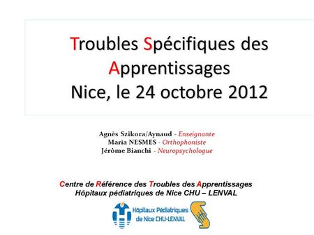 Troubles Spécifiques des Apprentissages Nice, le 24 octobre 2012