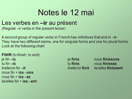 Notes le 12 mai Les verbes en –ir au présent (Regular –ir verbs in the present tense) A second group of regular verbs in French has infinitives that end.