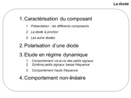 La diode 1.Caractérisation du composant 1.Présentation : les différents composants 2.La diode à jonction 3.Les autre diodes 2.Polarisation d’une diode.