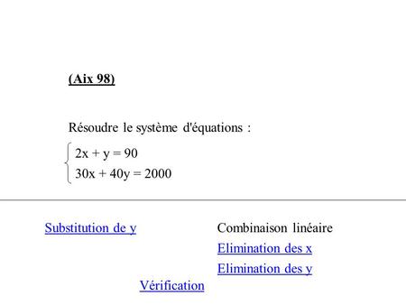 (Aix 98) Résoudre le système d'équations : 2x + y = 90