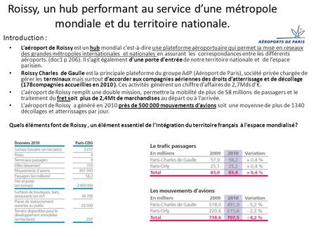 Roissy, un hub performant au service d’une métropole mondiale et du territoire nationale. Introduction : L’aéroport de Roissy est un hub mondial c’est-à-dire.