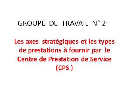 GROUPE DE TRAVAIL N° 2: Les axes stratégiques et les types de prestations à fournir par le Centre de Prestation de Service (CPS )