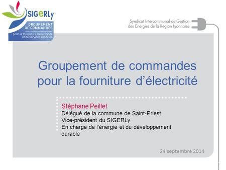 Groupement de commandes pour la fourniture d’électricité 24 septembre 2014 Stéphane Peillet Délégué de la commune de Saint-Priest Vice-président du SIGERLy.