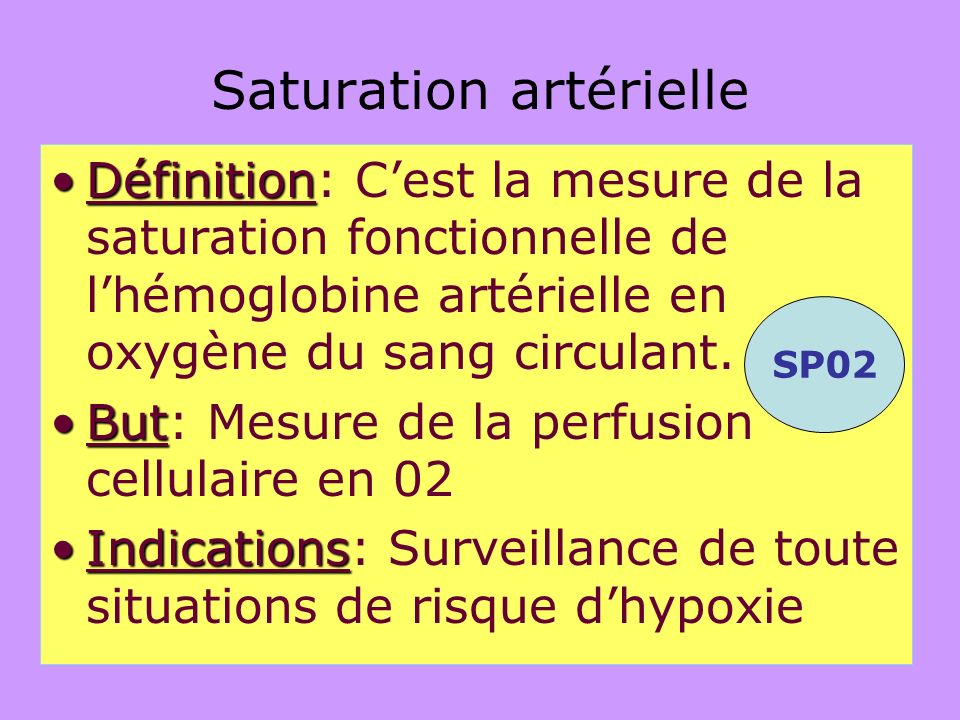 Saturation artérielle DéfinitionDéfinition: C'est la mesure de la saturation  fonctionnelle de l'hémoglobine artérielle en oxygène du sang circulant. SP  ppt télécharger