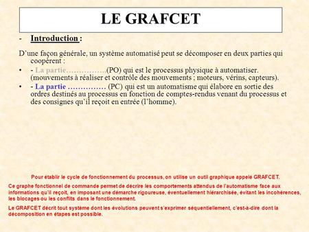 LE GRAFCET Introduction :