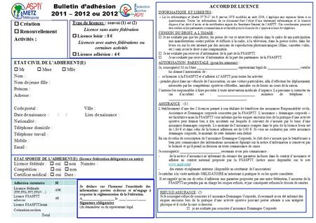 Bulletin d’adhésion 2011 – 2012 ou 2012