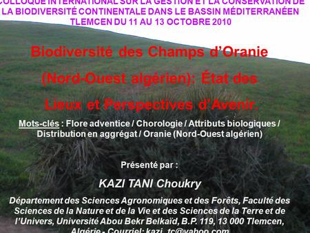 Biodiversité des Champs d’Oranie (Nord-Ouest algérien)