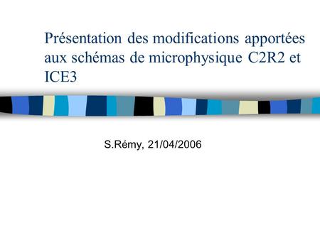 Présentation des modifications apportées aux schémas de microphysique C2R2 et ICE3 S.Rémy, 21/04/2006.