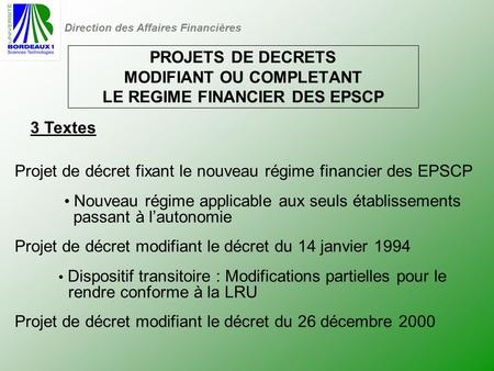 Projet de décret fixant le nouveau régime financier des EPSCP