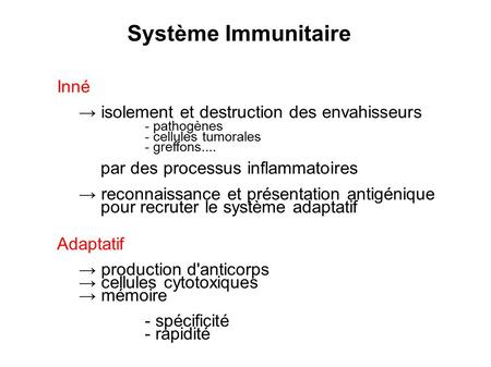 Système Immunitaire Inné → isolement et destruction des envahisseurs