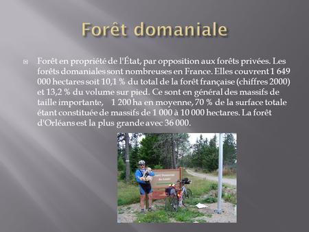  Forêt en propriété de l'État, par opposition aux forêts privées. Les forêts domaniales sont nombreuses en France. Elles couvrent 1 649 000 hectares soit.