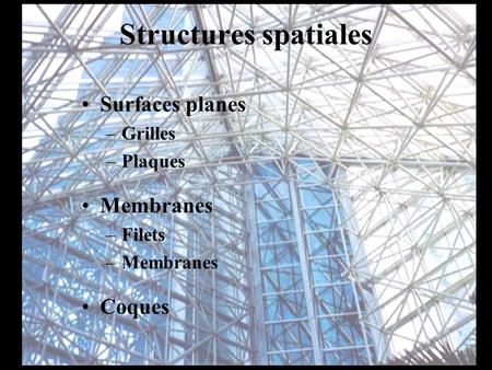 Structures spatiales Surfaces planes Membranes Coques Grilles Plaques