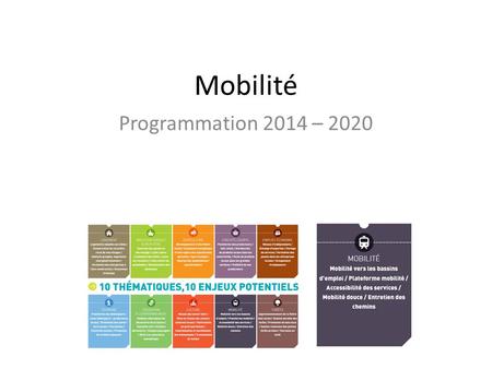 Mobilité Programmation 2014 – 2020. 2 types de mobilité  Mobilité de loisir (tourisme)  Mobilité au quotidien (douce et « dure ») 2.
