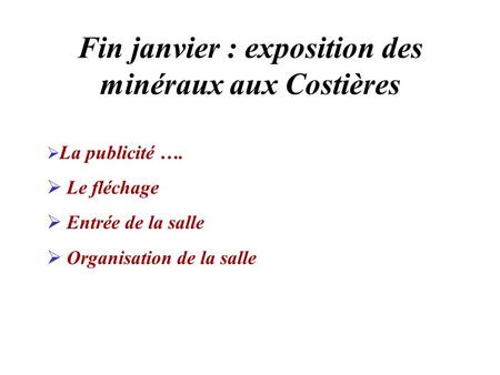 Fin janvier : exposition des minéraux aux Costières  La publicité ….  Le fléchage  Entrée de la salle  Organisation de la salle.