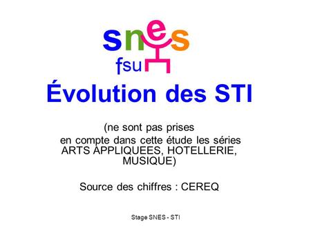 Stage SNES - STI Évolution des STI (ne sont pas prises en compte dans cette étude les séries ARTS APPLIQUEES, HOTELLERIE, MUSIQUE) Source des chiffres.