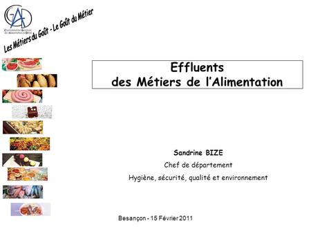 Besançon - 15 Février 2011 Effluents des Métiers de l’Alimentation Sandrine BIZE Chef de département Hygiène, sécurité, qualité et environnement.