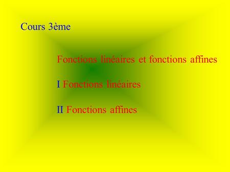 Cours 3ème Fonctions linéaires et fonctions affines I Fonctions linéaires II Fonctions affines.