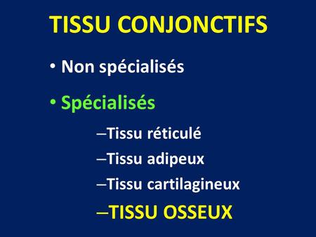 TISSU CONJONCTIFS Spécialisés TISSU OSSEUX Non spécialisés