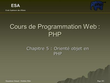 ESA Ecole Supérieure des Affaires Ernaelsten Gérard - Frédéric FiléePage 285 Cours de Programmation Web : PHP Chapitre 5 : Orienté objet en PHP.