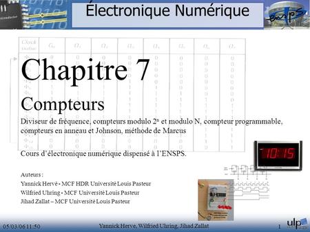 05/03/06 11:50 Yannick Herve, Wilfried Uhring, Jihad Zallat 1 Électronique Numérique Chapitre 7 Compteurs Diviseur de fréquence, compteurs modulo 2 n et.