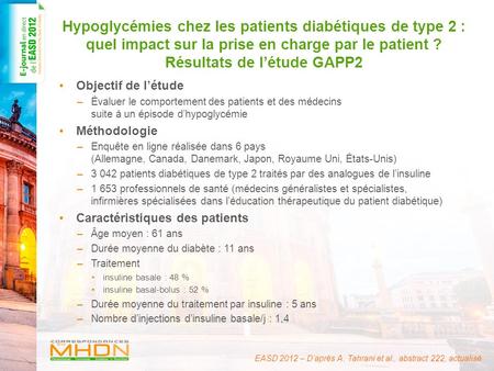 EASD 2012 – D’après A. Tahrani et al., abstract 222, actualisé Hypoglycémies chez les patients diabétiques de type 2 : quel impact sur la prise en charge.