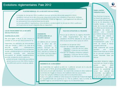 Evolutions réglementaires Paie 2012 PLAFOND MENSUEL DE LA SECURITE SOCIALE (PMSS) A compter du 1er janvier 2012, le plafond mensuel de la sécurité sociale.
