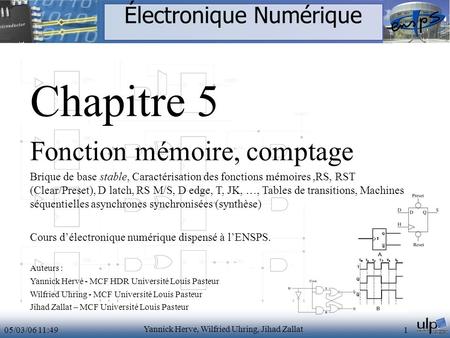 05/03/06 11:49 Yannick Herve, Wilfried Uhring, Jihad Zallat 1 Électronique Numérique Chapitre 5 Fonction mémoire, comptage Brique de base stable, Caractérisation.