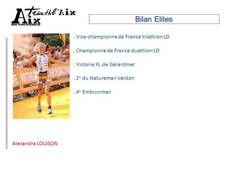 Bilan Elites. Vice-championne de France triathlon LD. Championne de France duathlon LD. Victoire XL de Gérardmer. 2 e du Natureman Verdon. 4 e Embrunman.