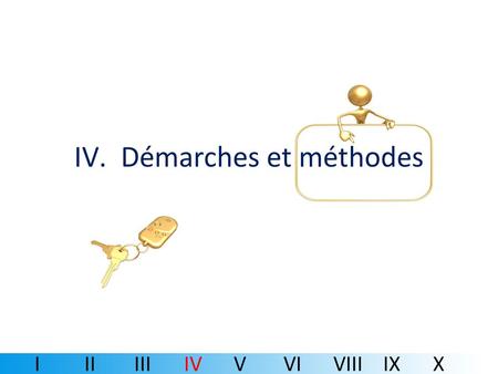 Démarches et méthodes I	II	III	IV	V	VI	VIII	IX	X.