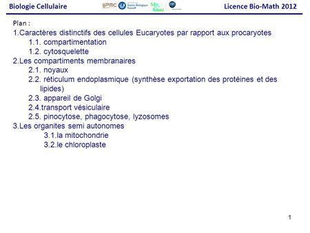 Biologie Cellulaire Licence Bio-Math 2012 Plan :