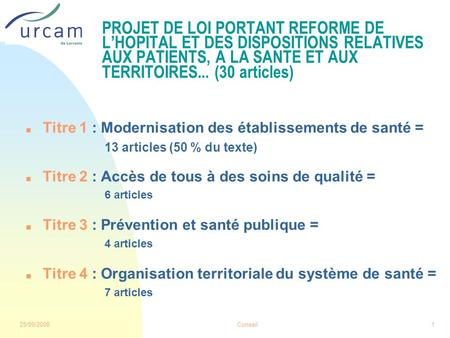 25/09/2008Conseil1 PROJET DE LOI PORTANT REFORME DE L’HOPITAL ET DES DISPOSITIONS RELATIVES AUX PATIENTS, A LA SANTE ET AUX TERRITOIRES... (30 articles)